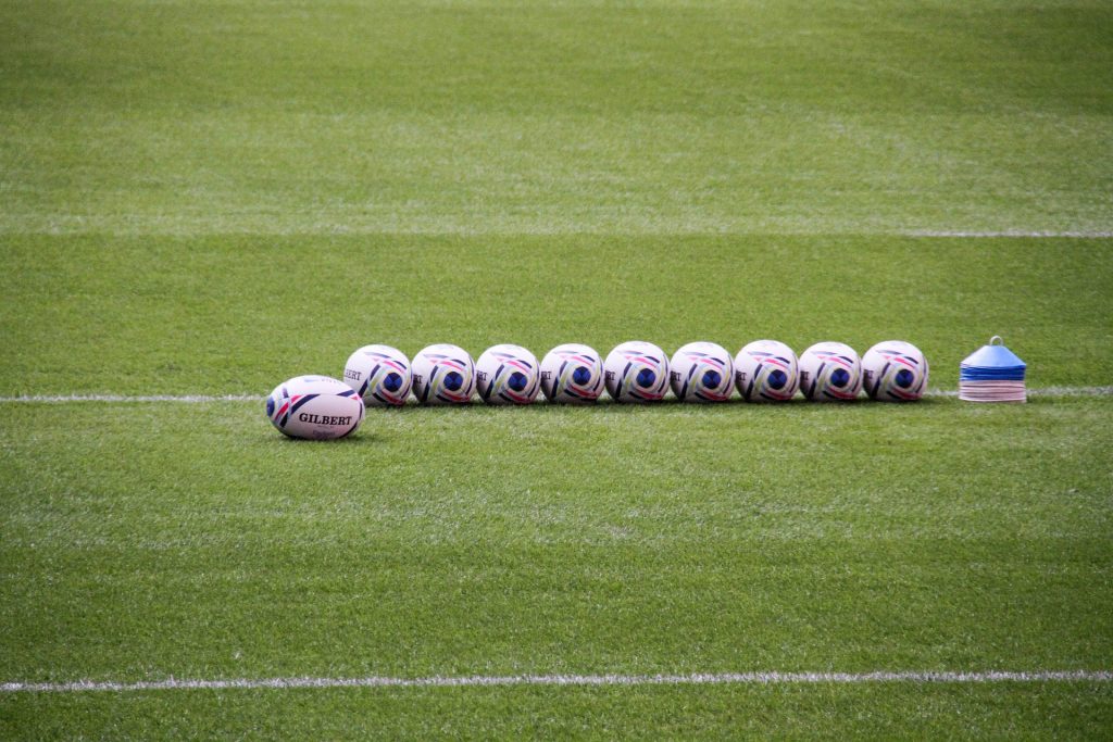 Rugby balls lined up at Wembley.